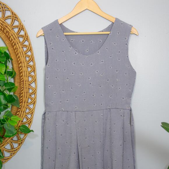 Vtg 90s Gray Blue Pleated Maxi Dress Micro Check Floral Embroidery Sleeveless - Picture 7 of 13